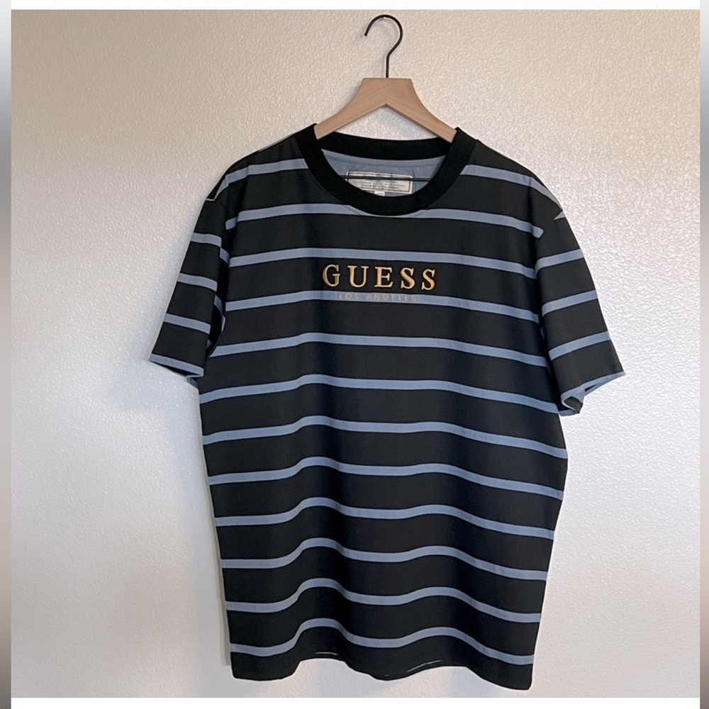 GUESS Originals Los Angeles Black and Blue Stripe Motif Logo T-Shirt Vintage